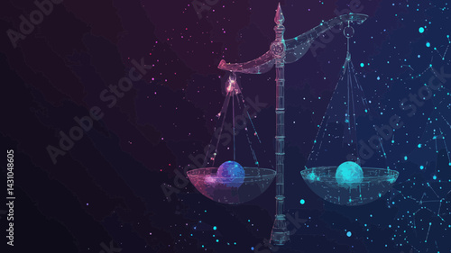 Cosmic Balance Scales in Starry Sky with Wireframe Planets and Stars - Abstract Vector Concept of Universe Harmony and Justice