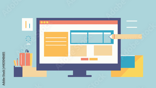 Flat design website builder concept for web and mobile applications, showcasing design tools, user interface elements, and workspace essentials for creating professional websites