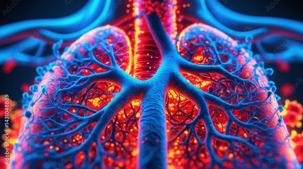 Obraz premium Detailed anatomical rendering of human lungs, showcasing the complex network of blood vessels. Bright colors highlight anatomical structures.
