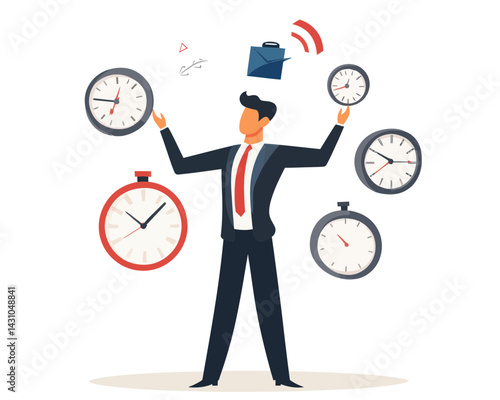 Businessman Project Manager Juggling Project Management Elements on Clock- Agile Development Cycle- Managing Resources to Deliver Quality Product- Flat Minimalist SVG Vector