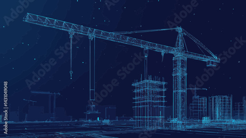 Digital Wireframe Illustration of Tower Crane Lifting Slab in Building Construction Process on Dark Blue Background