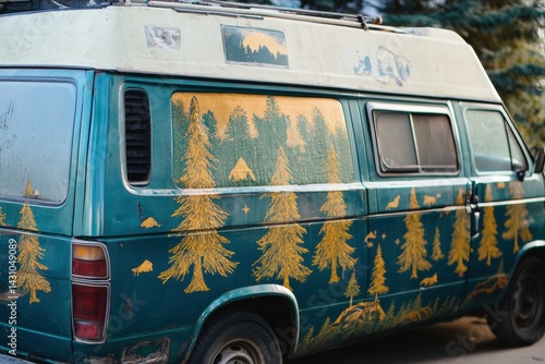 Obraz na płótnie Vintage Van Decorated With Pine Trees and Adventure Icons Inspires Wanderlust on a Sunny Day Generative AI w salonie