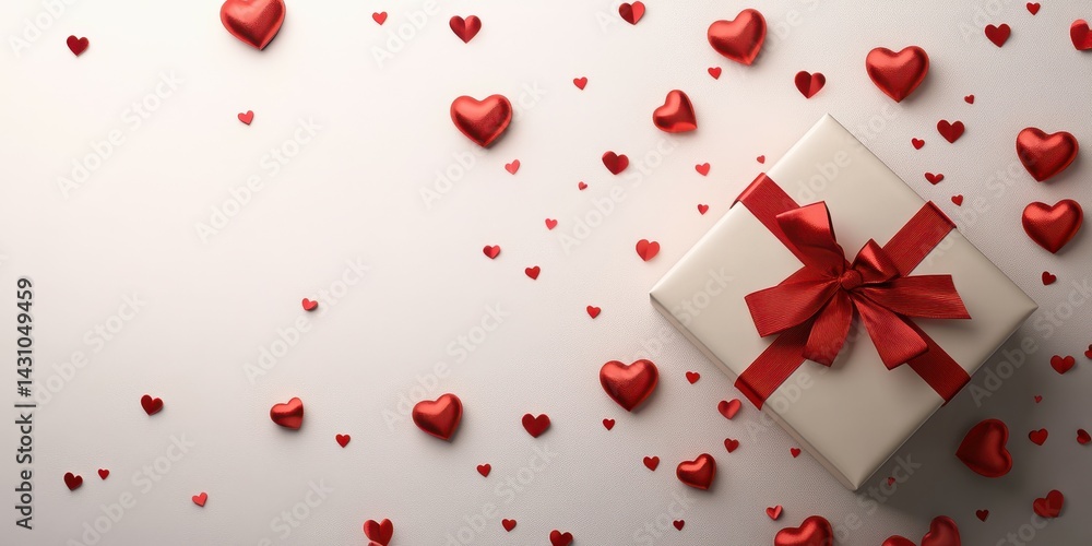 Decorative gift box surrounded by red hearts for a special occasion celebration Decorative gift box surrounded by red hearts for a special occasion celebration