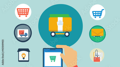 E-commerce Business Concept Icons Set for Online Shopping, Mobile Commerce, and Delivery Services