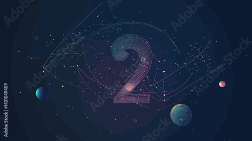 Abstract Wireframe Number 2 in Starry Universe Vector Image, Cosmic Space Elements, Minimalist SVG for Digital Design