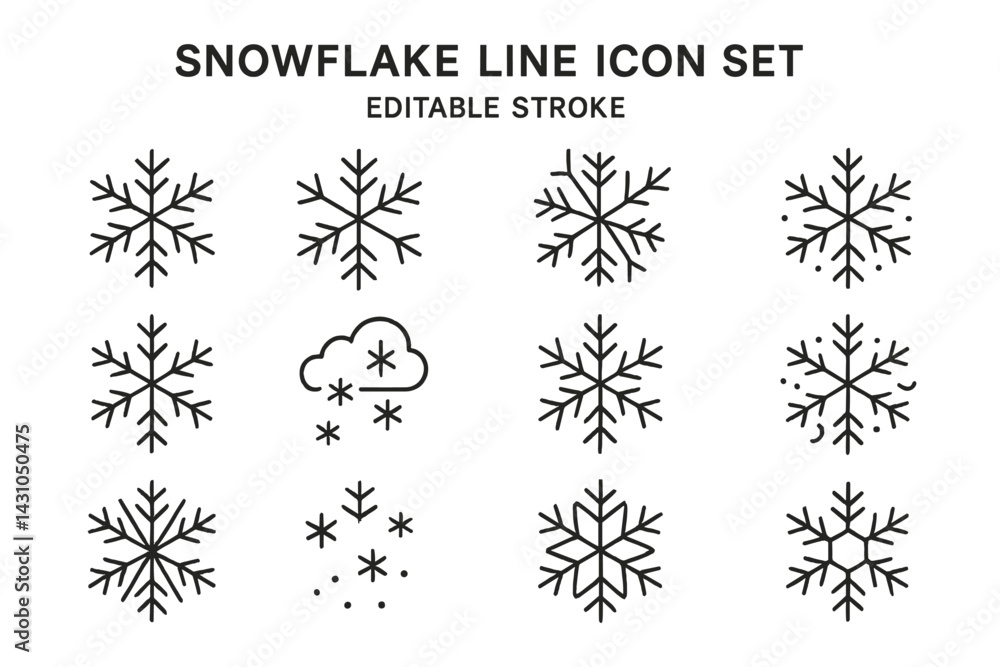 Snowflake line icon set featuring various snowflake designs and a snow cloud with falling snow elements for winter themes Snowflake line icon set featuring various snowflake designs and a snow cloud with falling snow elements for winter themes