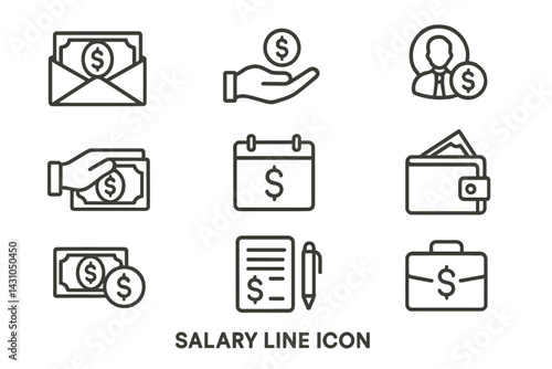 Salary line icon set featuring various financial symbols and activities for digital applications and design projects