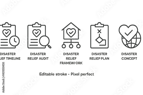 Vector icon set depicting disaster relief processes for efficient planning and response in emergencies