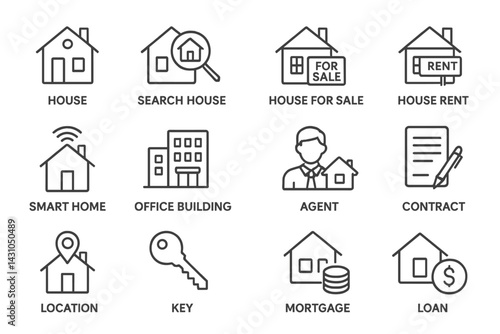 Vector icon set depicting various real estate concepts including houses, agents, contracts, and smart home features for modern transactions