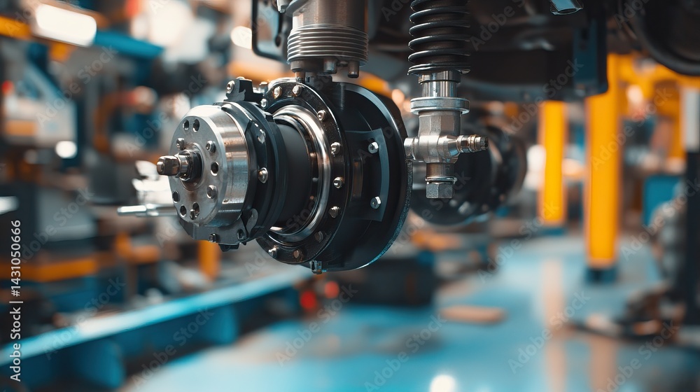 Front suspension and brake system on a disassembled vehicle in a garage Front suspension and brake system on a disassembled vehicle in a garage