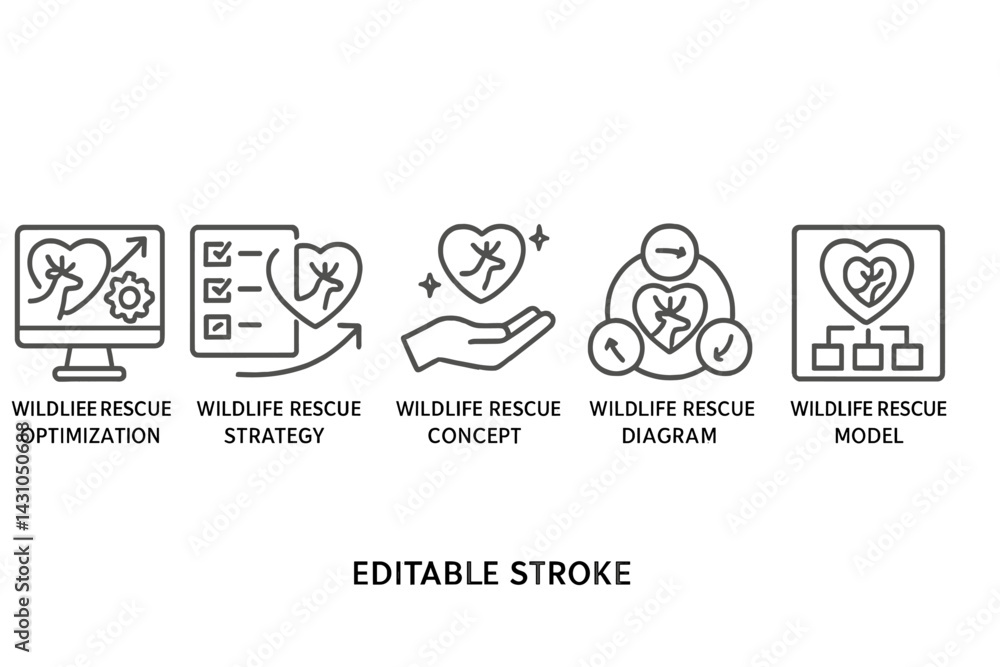 Vector icon set showcasing various wildlife rescue concepts such as optimization, strategy, and models for effective conservation efforts Vector icon set showcasing various wildlife rescue concepts such as optimization, strategy, and models for effective conservation efforts