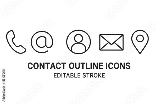 Vector icon set featuring communication symbols including phone, email, location, user profile, and social media