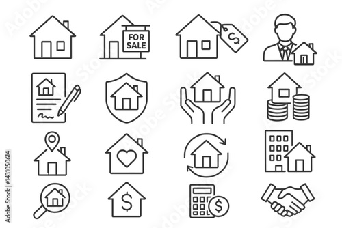 Vector icon set representing real estate concepts like property sale, mortgage, and investment activities in a minimalist design