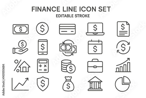 Vector icon set showcasing finance-related symbols including money, banking, and financial planning elements