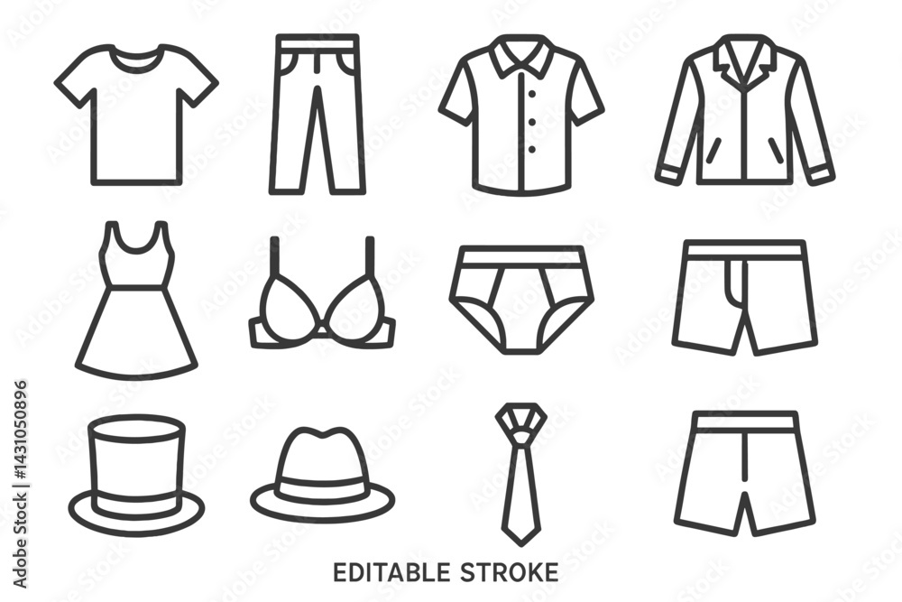 Vector icon set featuring various clothing items including tops, bottoms, and accessories for fashion representation Vector icon set featuring various clothing items including tops, bottoms, and accessories for fashion representation