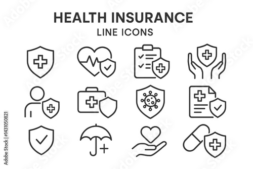 Health insurance vector icon set featuring various symbols related to medical services and protection