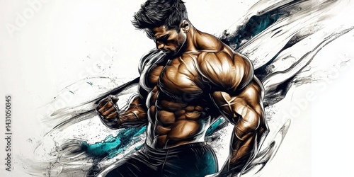 Ink drawing illustration featuring a muscular bodybuilder showcasing strength and power.