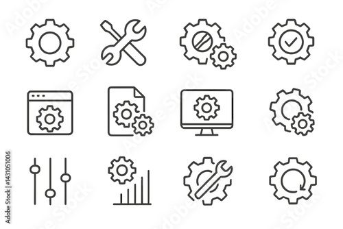 Vector icon set featuring gears, tools, and technology symbols for design and development applications