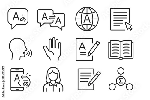 Vector icon set representing language learning, communication, and translation concepts for educational purposes