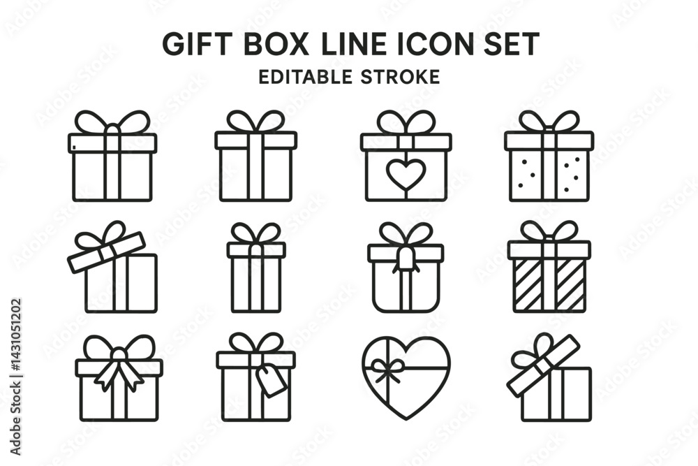 Vector icon set featuring various designs of gift boxes with ribbons and decorative elements for digital use Vector icon set featuring various designs of gift boxes with ribbons and decorative elements for digital use