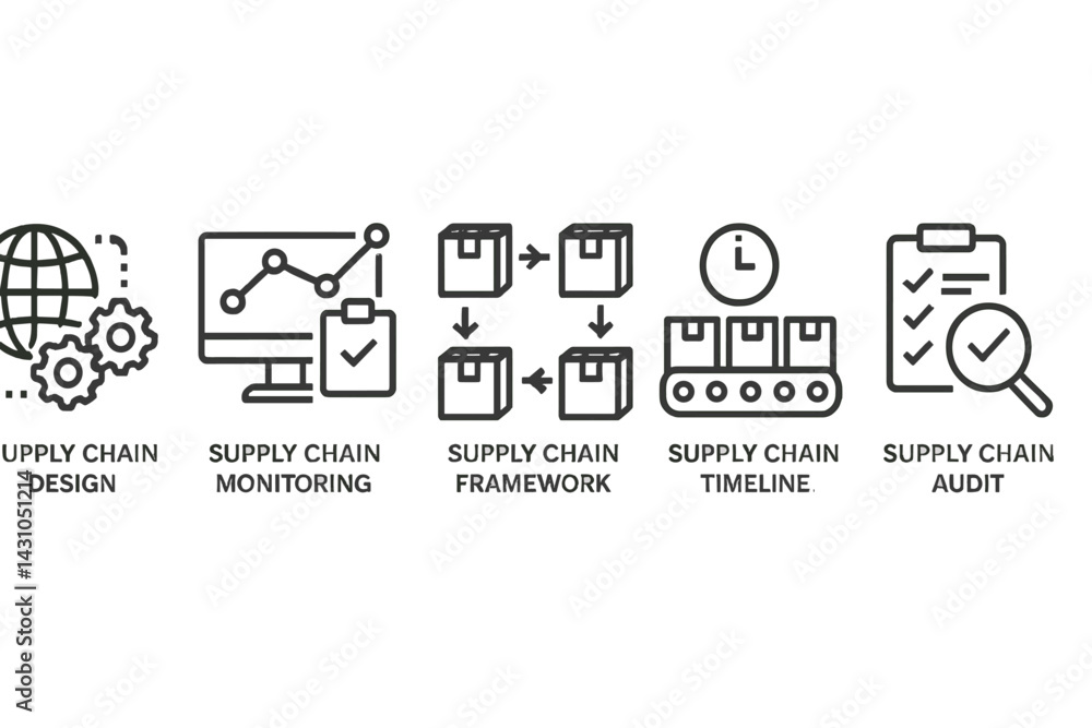 Vector icon set representing various aspects of supply chain management activities and processes for efficient operation Vector icon set representing various aspects of supply chain management activities and processes for efficient operation