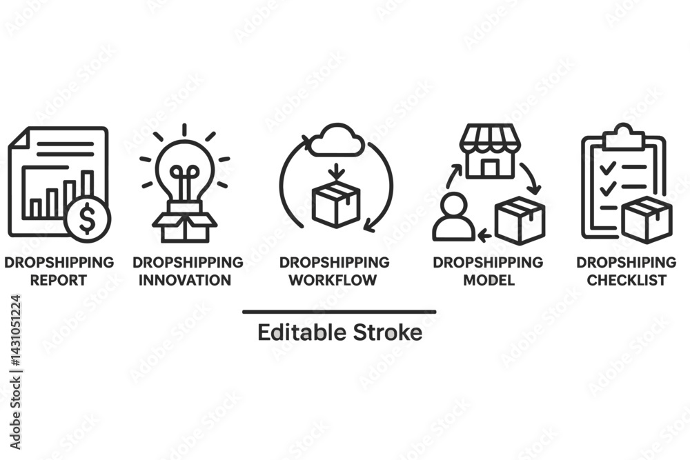 Fototapeta premium Vector icon set illustrating dropshipping concepts including report, innovation, workflow, model, and checklist for eCommerce