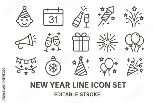 New Year celebration vector icon set featuring festive symbols and activities for the holiday season