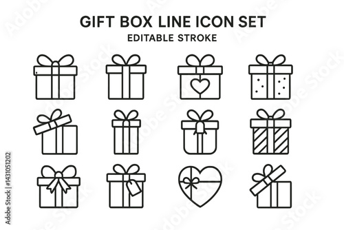 Vector icon set featuring various designs of gift boxes with ribbons and decorative elements for digital use