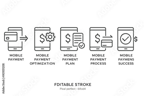 Vector icon set illustrating various stages of mobile payment processes for digital transactions