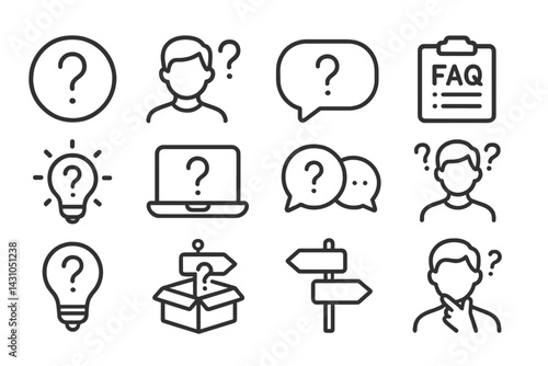 Vector icon set featuring question marks and symbols representing inquiry and information seeking