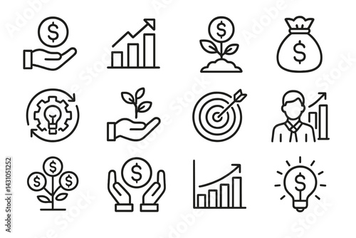 Vector icon set depicting financial growth concepts with hand illustrations, graphs, and monetary symbols for business and investment ideas