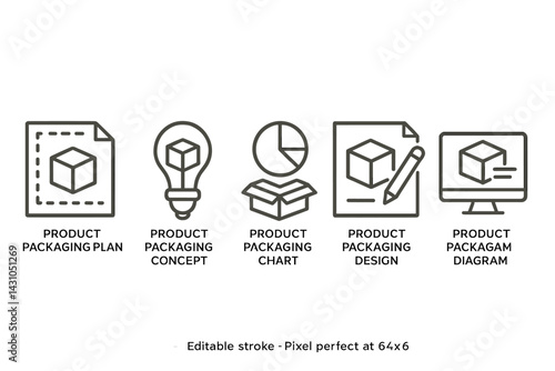 Vector icon set illustrating various aspects of product packaging including plans, concepts, charts, designs, and diagrams for informative use