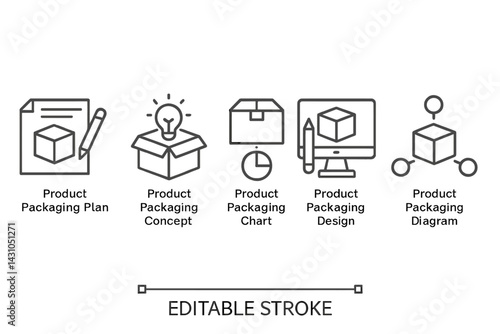 Vector icon set showcasing product packaging plans, concepts, charts, designs, and diagrams for packaging solutions