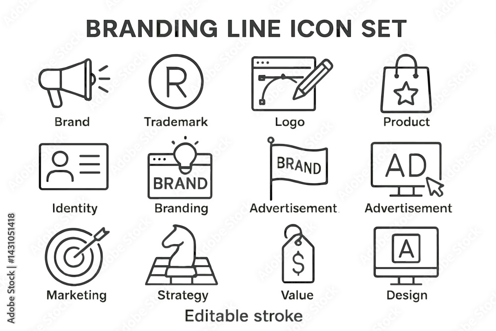 Fototapeta premium Branding line icon set featuring various symbols related to marketing and identity design