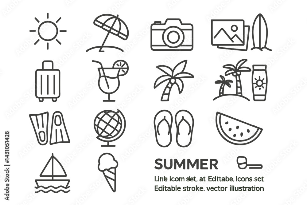 Vector icon set depicting summer activities and items including beach essentials and leisure symbols Vector icon set depicting summer activities and items including beach essentials and leisure symbols
