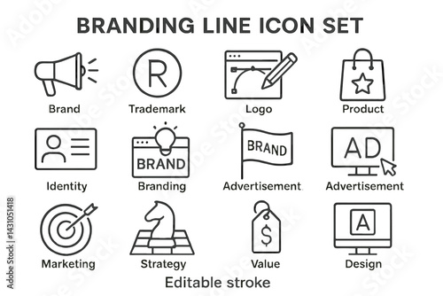 Branding line icon set featuring various symbols related to marketing and identity design