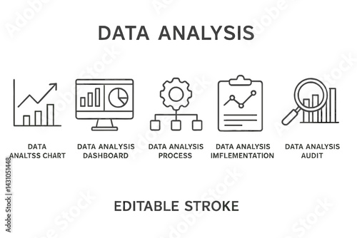 Vector icon set showcasing various stages of data analysis with editable stroke designs
