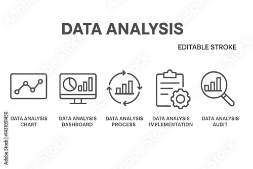 Vector icon set representing various aspects of data analysis including charts, dashboards, and audits for effective visualization