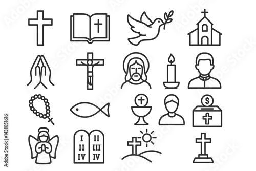 Collection of religious vector icons showcasing symbols of faith, spirituality, and worship activity for various occasions