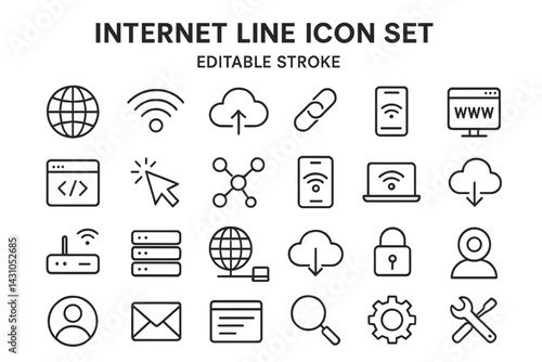 Vector icon set features various internet and technology symbols showcasing communication and connectivity concepts
