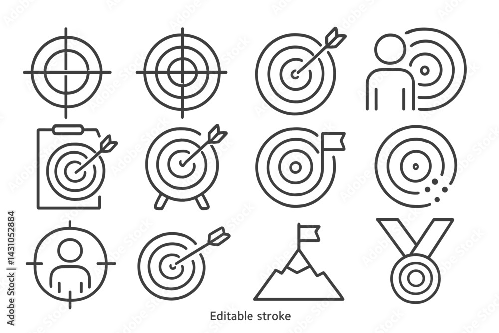 Vector icon set featuring targets, darts, and achievement symbols for various applications in design and presentation Vector icon set featuring targets, darts, and achievement symbols for various applications in design and presentation