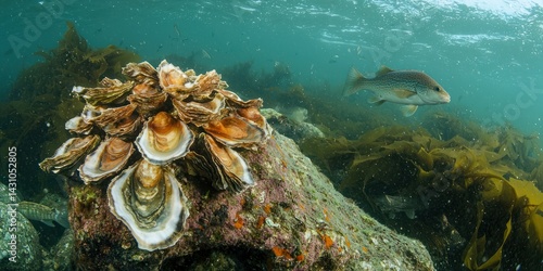 Fototapeta Naklejka Na Ścianę i Meble -  A cluster of oysters attached to a submerged rock, with fish swimming nearby