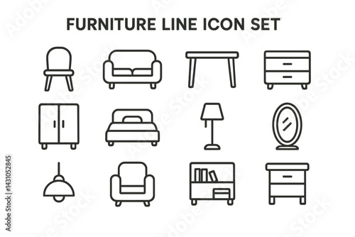 Vector icon set featuring diverse furniture designs and household items for graphic use and digital projects