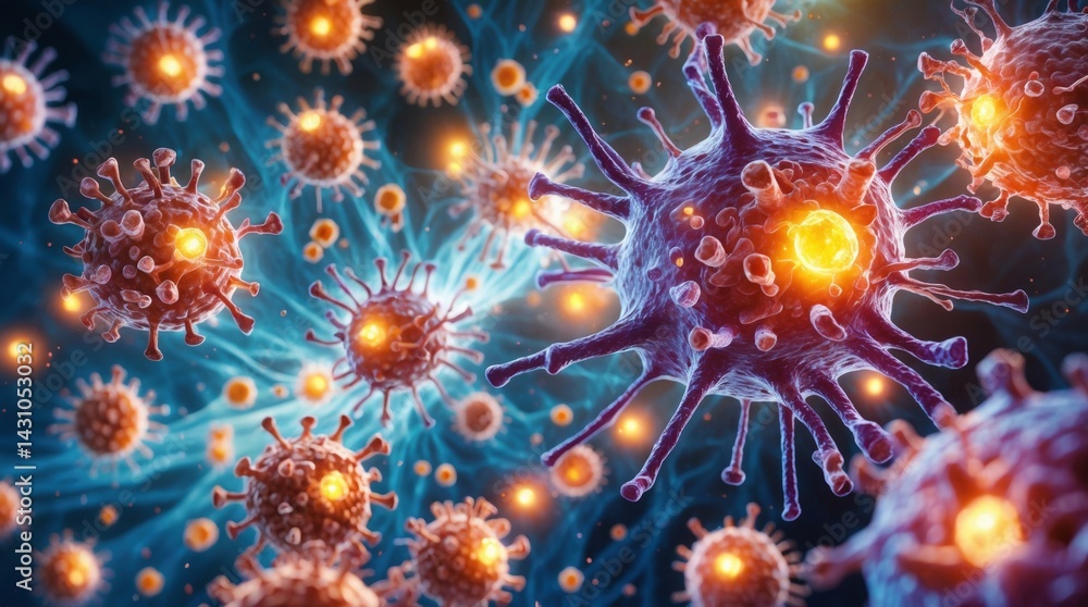 A microscopic view of cells featuring spike proteins, enhanced by digital lighting that illuminates the intricate details of cellular biology. A microscopic view of cells featuring spike proteins, enhanced by digital lighting that illuminates the intricate details of cellular biology.