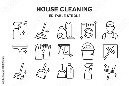 Vector icon set featuring essential tools and equipment for house cleaning activities in a modern style