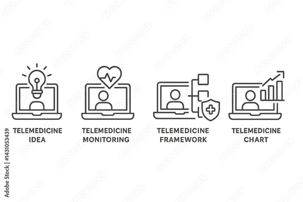 Vector icon set illustrating telemedicine concepts including idea generation, patient monitoring, framework development, and data representation Vector icon set illustrating telemedicine concepts including idea generation, patient monitoring, framework development, and data representation