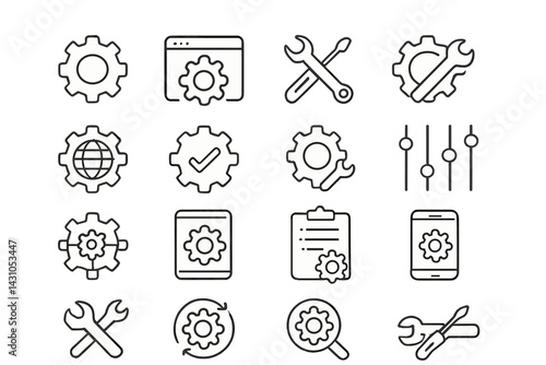 Vector icon set featuring various tools and gears for software and technical design purposes