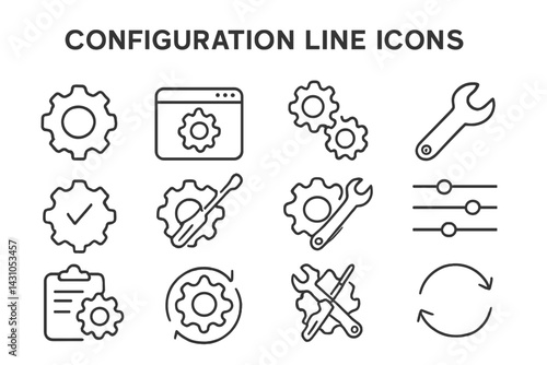 Vector icon set featuring configuration line icons with gears, tools, and settings for digital design projects