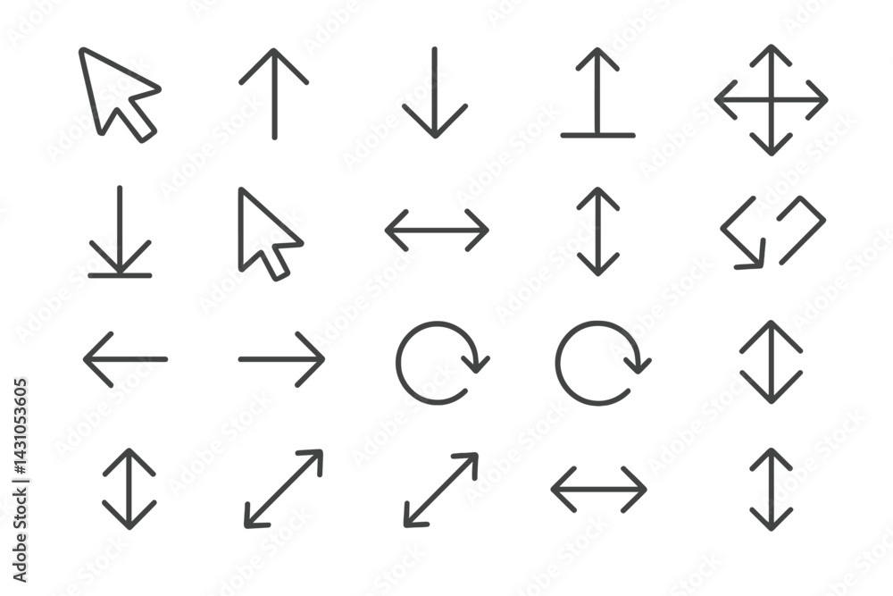 Vector icon set featuring directional arrows and cursor symbols for user interface design and digital projects Vector icon set featuring directional arrows and cursor symbols for user interface design and digital projects