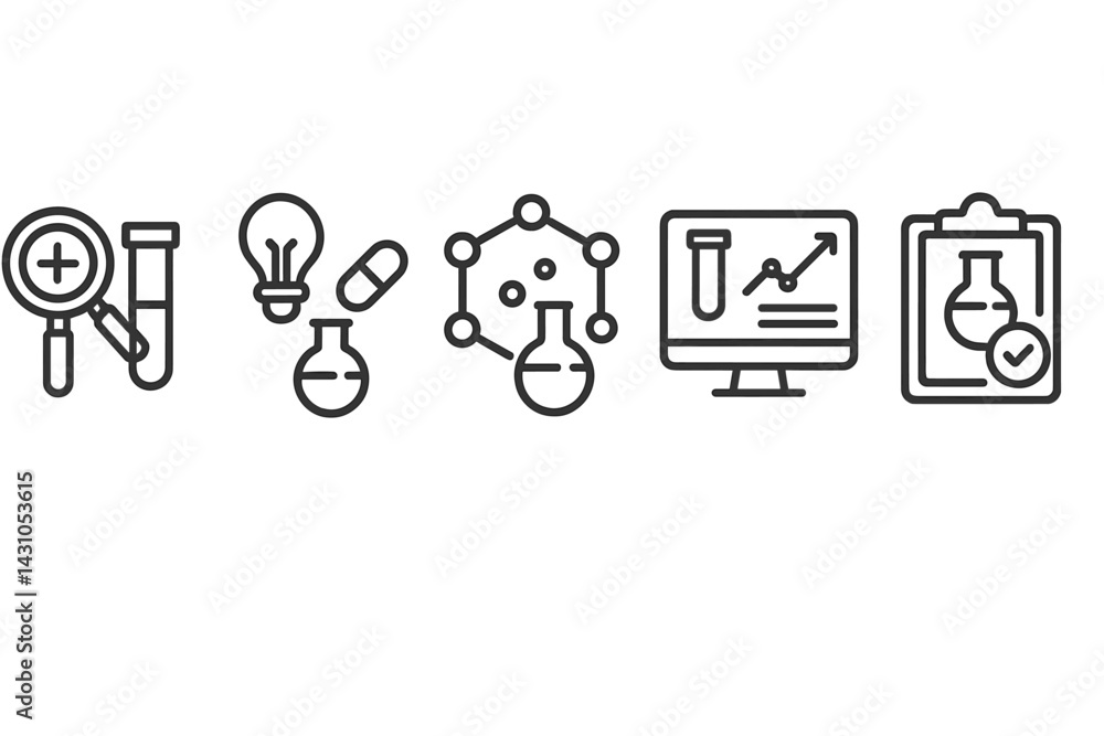 Vector icon set representing scientific research and laboratory activities including analysis, experimentation, and data collection Vector icon set representing scientific research and laboratory activities including analysis, experimentation, and data collection